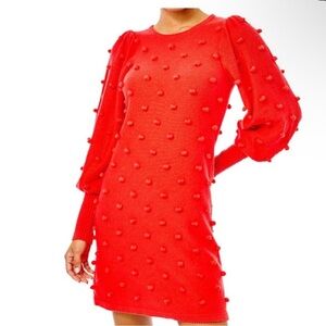 Lilly Pulitzer Kippa Sweater puff sleeve Dress Ruby Red Size XS balls Poms midi